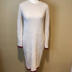 EN SAISON Cream Burgundy Ribbed Heavy knit Sweater Midi Dress, Size Larg
